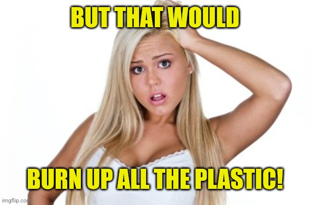 Dumb Blonde | BUT THAT WOULD BURN UP ALL THE PLASTIC! | image tagged in dumb blonde | made w/ Imgflip meme maker