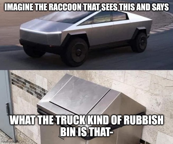 Cybertruck? More Like Cybertrash. | IMAGINE THE RACCOON THAT SEES THIS AND SAYS; WHAT THE TRUCK KIND OF RUBBISH BIN IS THAT- | image tagged in cybertruck,truck,elon musk,cars,car,trash | made w/ Imgflip meme maker