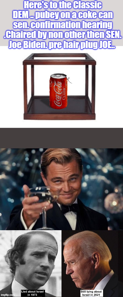 DEMs are a class act, and love to lie and blackmail. And weaponize the courts. | Here's to the Classic DEM .. pubey on a coke can sen. confirmation hearing .Chaired by non other then SEN. Joe Biden. pre hair plug JOE.. | image tagged in memes,leonardo dicaprio cheers | made w/ Imgflip meme maker