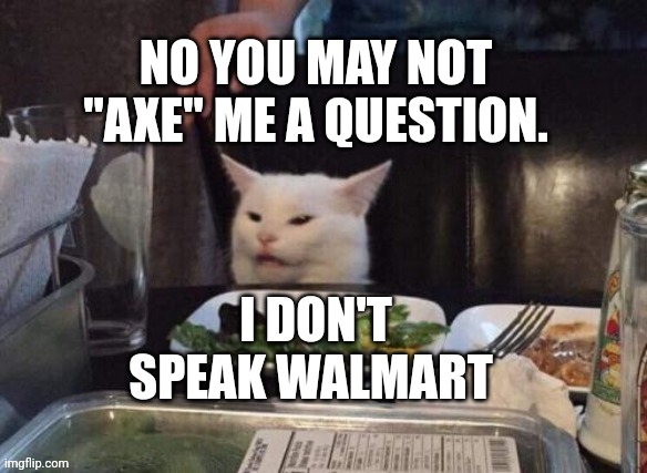 Smudge that darn cat | NO YOU MAY NOT "AXE" ME A QUESTION. I DON'T SPEAK WALMART | image tagged in smudge that darn cat | made w/ Imgflip meme maker