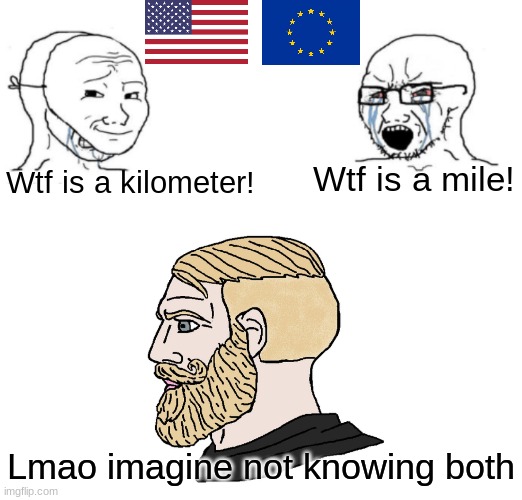 Feels nice to know BOTH miles and kilometers | Wtf is a mile! Wtf is a kilometer! Lmao imagine not knowing both | image tagged in soy and soy,chad yes | made w/ Imgflip meme maker