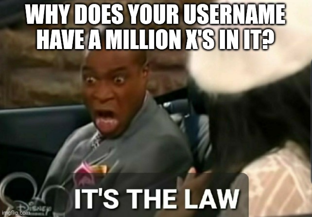 It's the law | WHY DOES YOUR USERNAME HAVE A MILLION X'S IN IT? | image tagged in it's the law | made w/ Imgflip meme maker