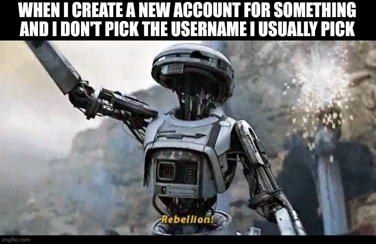 Rebellion! | WHEN I CREATE A NEW ACCOUNT FOR SOMETHING AND I DON'T PICK THE USERNAME I USUALLY PICK | image tagged in rebellion | made w/ Imgflip meme maker