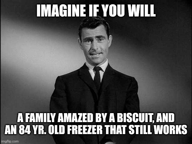 rod serling twilight zone | IMAGINE IF YOU WILL A FAMILY AMAZED BY A BISCUIT, AND AN 84 YR. OLD FREEZER THAT STILL WORKS | image tagged in rod serling twilight zone | made w/ Imgflip meme maker