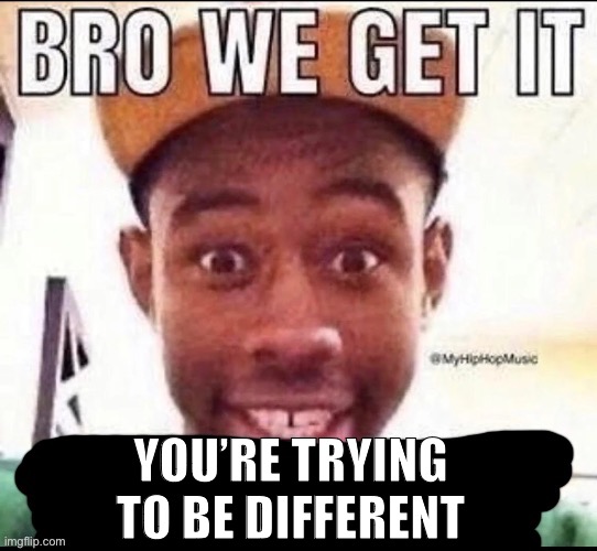 Bro we get it (blank) | YOU’RE TRYING TO BE DIFFERENT | image tagged in bro we get it blank | made w/ Imgflip meme maker