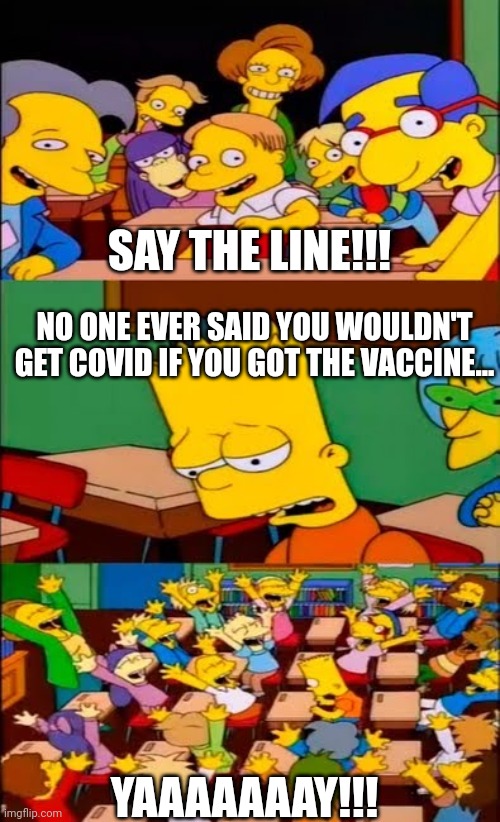 Actually... | SAY THE LINE!!! NO ONE EVER SAID YOU WOULDN'T GET COVID IF YOU GOT THE VACCINE... YAAAAAAAY!!! | image tagged in say the line bart simpsons | made w/ Imgflip meme maker