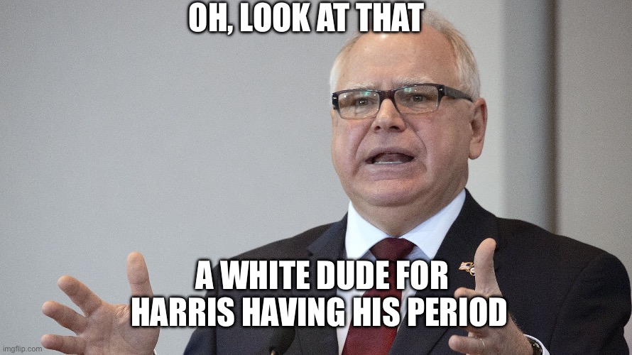 Tim Walz | OH, LOOK AT THAT; A WHITE DUDE FOR HARRIS HAVING HIS PERIOD | image tagged in tim walz,democrats,republicans,politics,political meme | made w/ Imgflip meme maker