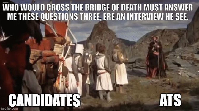 Tim the ATS Enchanter | WHO WOULD CROSS THE BRIDGE OF DEATH MUST ANSWER ME THESE QUESTIONS THREE, ERE AN INTERVIEW HE SEE. CANDIDATES; ATS | image tagged in funny | made w/ Imgflip meme maker