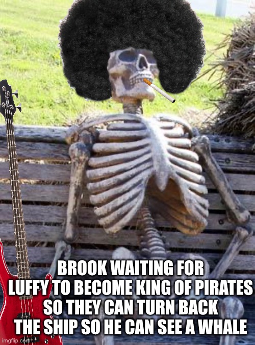 One Piece | BROOK WAITING FOR LUFFY TO BECOME KING OF PIRATES SO THEY CAN TURN BACK THE SHIP SO HE CAN SEE A WHALE | image tagged in memes,waiting skeleton | made w/ Imgflip meme maker