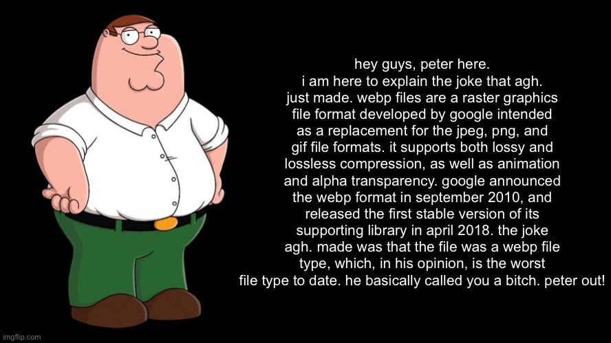 Peter Griffin explains | hey guys, peter here. i am here to explain the joke that agh. just made. webp files are a raster graphics file format developed by google intended as a replacement for the jpeg, png, and gif file formats. it supports both lossy and lossless compression, as well as animation and alpha transparency. google announced the webp format in september 2010, and released the first stable version of its supporting library in april 2018. the joke agh. made was that the file was a webp file type, which, in his opinion, is the worst file type to date. he basically called you a bitch. peter out! | image tagged in peter griffin explains | made w/ Imgflip meme maker