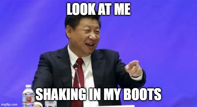 Xi Jinping Laughing | LOOK AT ME SHAKING IN MY BOOTS | image tagged in xi jinping laughing | made w/ Imgflip meme maker