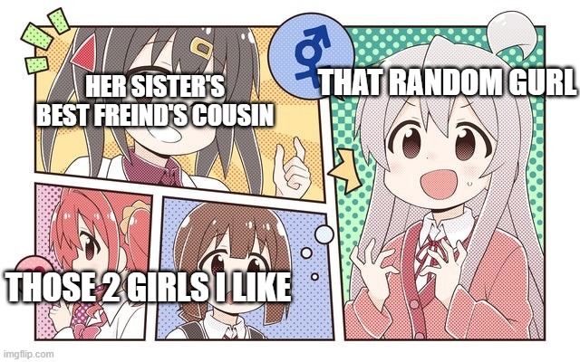 Starting A Meme | HER SISTER'S BEST FREIND'S COUSIN; THAT RANDOM GURL; THOSE 2 GIRLS I LIKE | image tagged in gurl talk | made w/ Imgflip meme maker