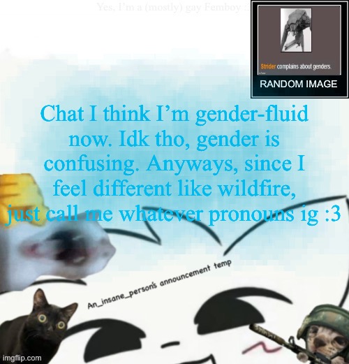 My lil announcement | Chat I think I’m gender-fluid now. Idk tho, gender is confusing. Anyways, since I feel different like wildfire, just call me whatever pronouns ig :3 | image tagged in my lil announcement | made w/ Imgflip meme maker