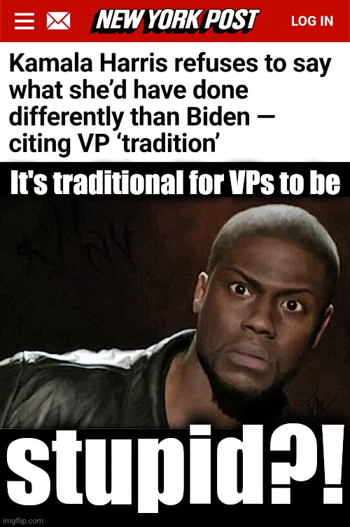 Let's just say she's identical to Biden: an empty-headed figurehead | It's traditional for VPs to be; stupid?! | image tagged in memes,kevin hart,kamala harris,democrats,stupid | made w/ Imgflip meme maker