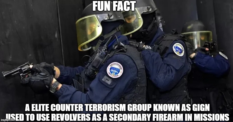 also congrats on the 400 followers | FUN FACT; A ELITE COUNTER TERRORISM GROUP KNOWN AS GIGN USED TO USE REVOLVERS AS A SECONDARY FIREARM IN MISSIONS | made w/ Imgflip meme maker