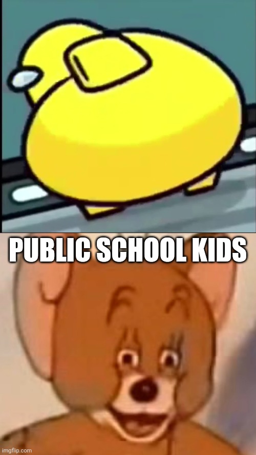 PUBLIC SCHOOL KIDS | image tagged in yellow among us twerking,jerry face | made w/ Imgflip meme maker