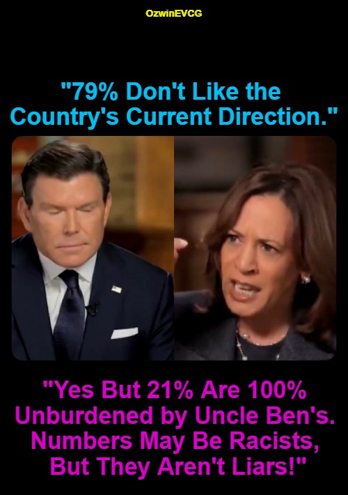 Parody Paraphrase for Decoy Damsel's unFOXy Interview | OzwinEVCG; "79% Don't Like the 

Country's Current Direction."; "Yes But 21% Are 100% 

Unburdened by Uncle Ben's. 

Numbers May Be Racists, 

But They Aren't Liars!" | image tagged in kamala harris,comrade kneepads,political theater,rigged elections,clown world,weimerica | made w/ Imgflip meme maker