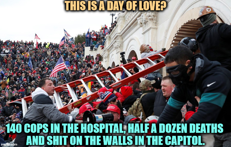 Trump invited them all. Nobody just turned up. Guns, pipe bombs, etc. | THIS IS A DAY OF LOVE? 140 COPS IN THE HOSPITAL, HALF A DOZEN DEATHS 
AND SHIT ON THE WALLS IN THE CAPITOL. | image tagged in qanon - insurrection - trump riot - sedition,trump,capitol hill,maga,violence | made w/ Imgflip meme maker