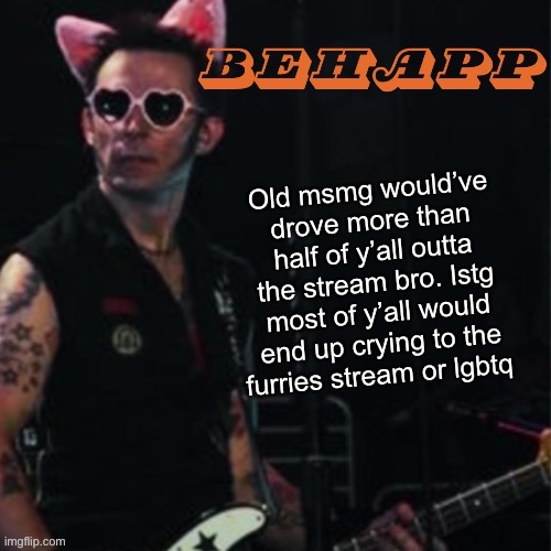 Behapp | Old msmg would’ve drove more than half of y’all outta the stream bro. Istg most of y’all would end up crying to the furries stream or lgbtq | image tagged in behapp | made w/ Imgflip meme maker