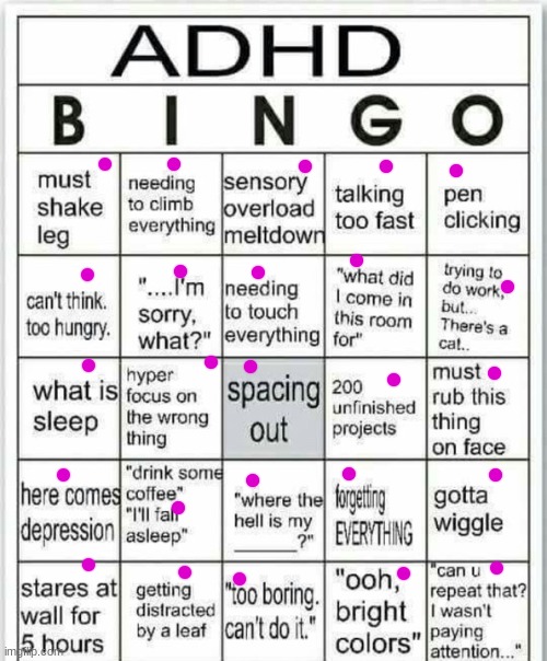 guysssss i might be adhd lol | image tagged in adhd bingo | made w/ Imgflip meme maker