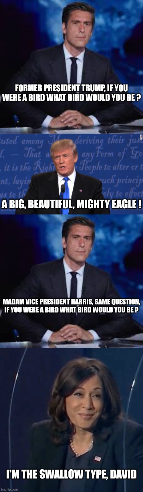 FORMER PRESIDENT TRUMP, IF YOU WERE A BIRD WHAT BIRD WOULD YOU BE ? A BIG, BEAUTIFUL, MIGHTY EAGLE ! MADAM VICE PRESIDENT HARRIS, SAME QUEST | image tagged in david muir for president,trump debate,kamala harris vp debate | made w/ Imgflip meme maker