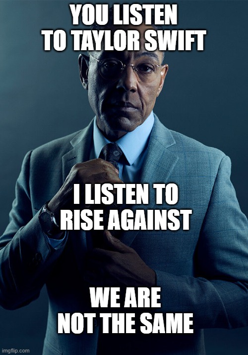 Yeah, I don't like Taylor swift (don't dox me) | YOU LISTEN TO TAYLOR SWIFT; I LISTEN TO RISE AGAINST; WE ARE NOT THE SAME | image tagged in gus fring we are not the same,meme | made w/ Imgflip meme maker