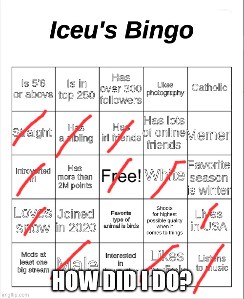 Did I do good? | HOW DID I DO? | image tagged in iceu's bingo | made w/ Imgflip meme maker