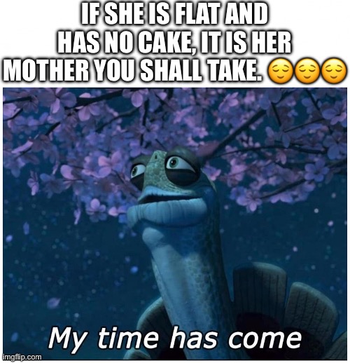 Wise words for all my homies out there (I gotchu brother)???? | IF SHE IS FLAT AND HAS NO CAKE, IT IS HER MOTHER YOU SHALL TAKE. 😌😌😌 | image tagged in master oogway my time has come,so true | made w/ Imgflip meme maker