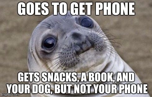 Awkward Moment Sealion Meme | GOES TO GET PHONE GETS SNACKS, A BOOK, AND YOUR DOG, BUT NOT YOUR PHONE | image tagged in memes,awkward moment sealion | made w/ Imgflip meme maker