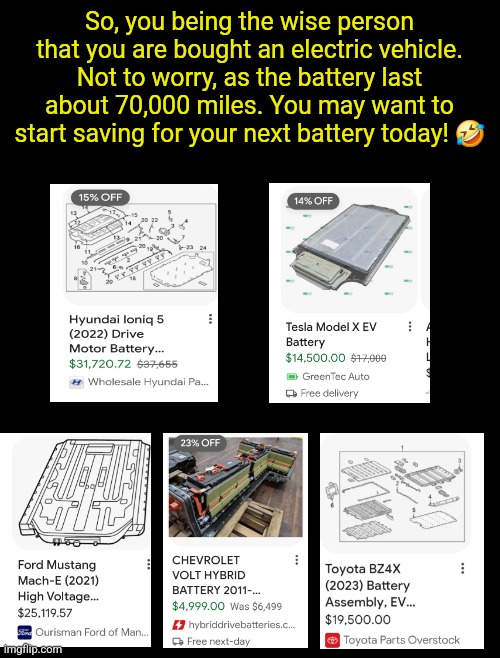 So...you bought an electric car | So, you being the wise person that you are bought an electric vehicle. Not to worry, as the battery last about 70,000 miles. You may want to start saving for your next battery today! 🤣 | image tagged in electric,tesla truck,tesla,evs,ev,justjeff | made w/ Imgflip meme maker