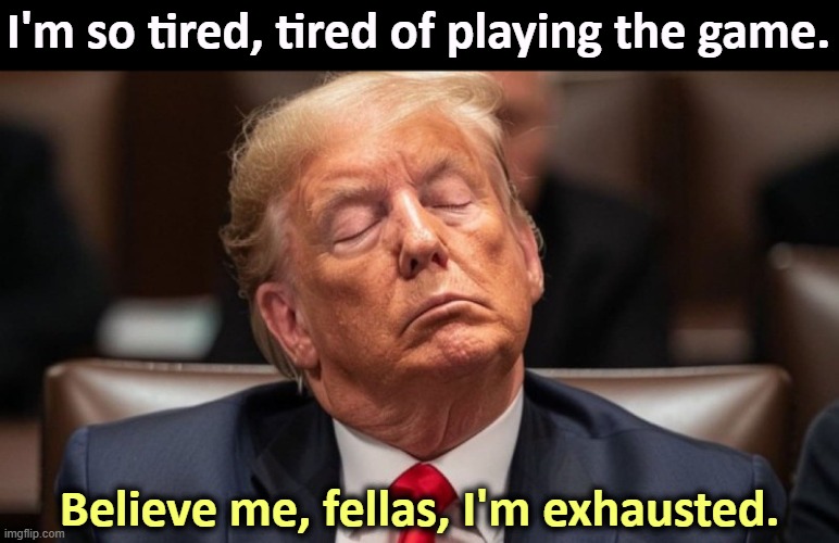 I'm so tired, tired of playing the game. Believe me, fellas, I'm exhausted. | image tagged in trump,tired,old,elderly,sleepy,exhausted | made w/ Imgflip meme maker