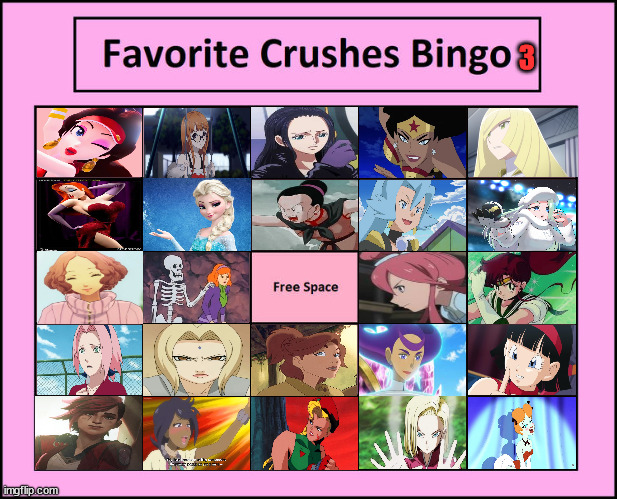 favorite crushes bingo 3 | 3 | image tagged in favorite crushes bingo,bingo,video games,comics/cartoons,anime,classic movies | made w/ Imgflip meme maker