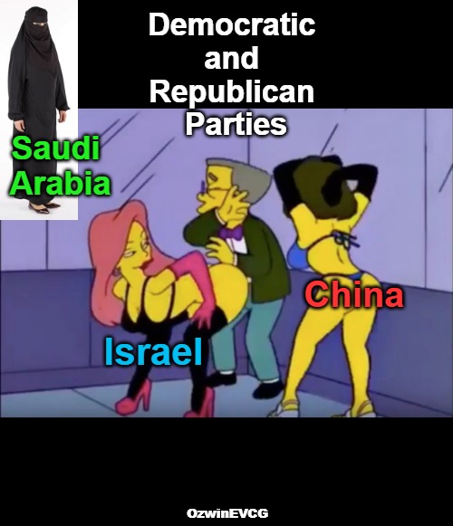 What 'Occupied USA' Sometimes Means to Me | Democratic 

and 

Republican 

Parties; Saudi 

Arabia; China; Israel; OzwinEVCG | image tagged in smithers vs strippers,democratic party,government corruption,republican party,foreign subversion,political bribery | made w/ Imgflip meme maker