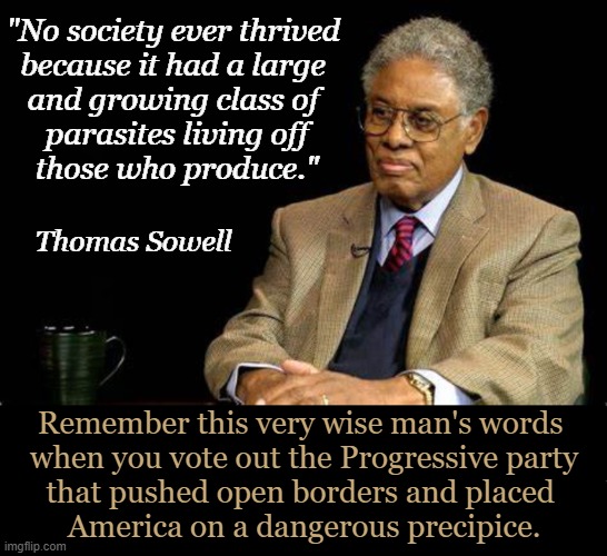 Parasites sometimes kill their hosts | "No society ever thrived 
because it had a large 
and growing class of 
parasites living off
those who produce."; Thomas Sowell; Remember this very wise man's words 
when you vote out the Progressive party
that pushed open borders and placed 
America on a dangerous precipice. | image tagged in thomas sowell,wise man,illegal immigration,can't argue with that / technically not wrong,quotes,america | made w/ Imgflip meme maker