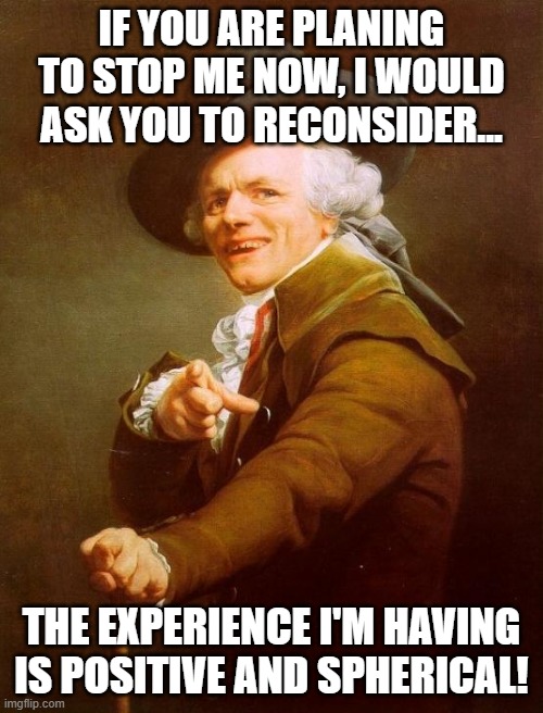 Don't Stop Me Now | IF YOU ARE PLANING TO STOP ME NOW, I WOULD ASK YOU TO RECONSIDER... THE EXPERIENCE I'M HAVING IS POSITIVE AND SPHERICAL! | image tagged in memes,joseph ducreux | made w/ Imgflip meme maker