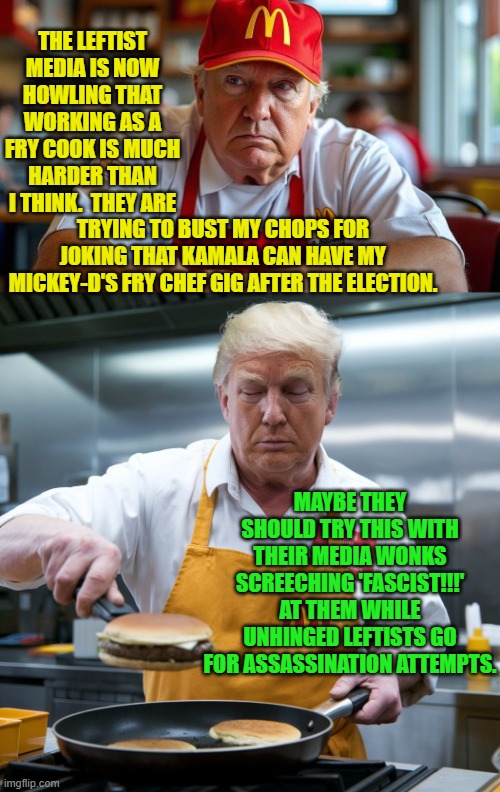 Meanwhile Trump just keeps cruising along. | THE LEFTIST MEDIA IS NOW HOWLING THAT WORKING AS A FRY COOK IS MUCH HARDER THAN I THINK.  THEY ARE; TRYING TO BUST MY CHOPS FOR JOKING THAT KAMALA CAN HAVE MY MICKEY-D'S FRY CHEF GIG AFTER THE ELECTION. MAYBE THEY SHOULD TRY THIS WITH THEIR MEDIA WONKS SCREECHING 'FASCIST!!!' AT THEM WHILE UNHINGED LEFTISTS GO FOR ASSASSINATION ATTEMPTS. | image tagged in yep | made w/ Imgflip meme maker