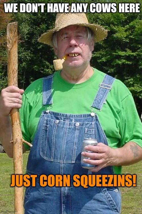 hillbilly | WE DON'T HAVE ANY COWS HERE JUST CORN SQUEEZINS! | image tagged in hillbilly | made w/ Imgflip meme maker