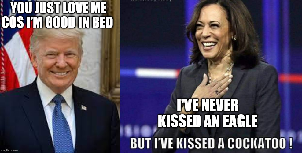 Donald and Kamala | YOU JUST LOVE ME COS I'M GOOD IN BED; I'VE NEVER KISSED AN EAGLE | made w/ Imgflip meme maker