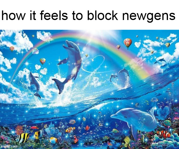 Happy dolphin rainbow | how it feels to block newgens | image tagged in happy dolphin rainbow | made w/ Imgflip meme maker