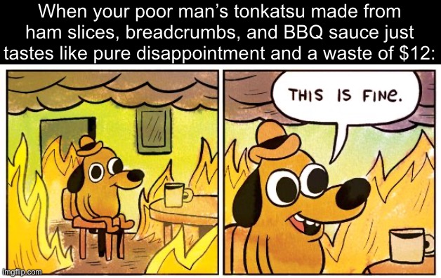 When you’re too poor to afford legit Japanese food | When your poor man’s tonkatsu made from ham slices, breadcrumbs, and BBQ sauce just tastes like pure disappointment and a waste of $12: | image tagged in memes,this is fine,tonkatsu,cooking,funny,japanese | made w/ Imgflip meme maker