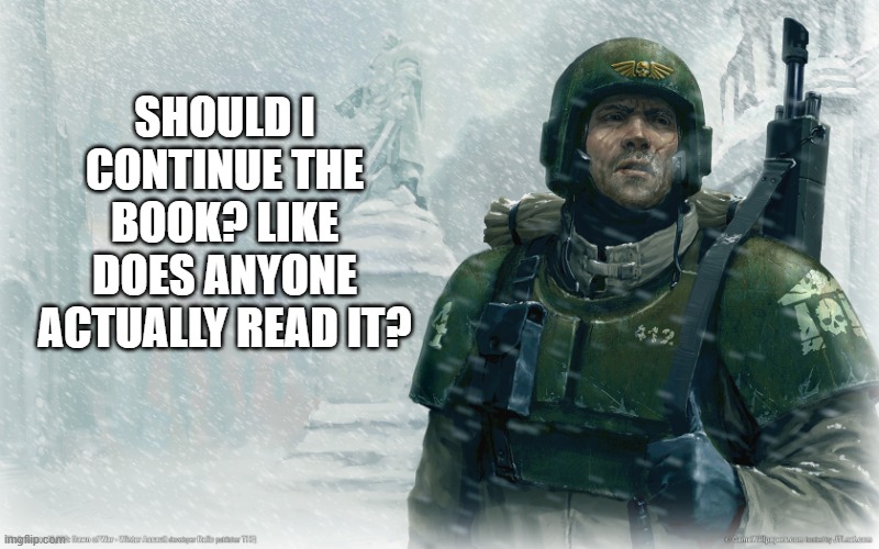 40k imperial guardsman snow | SHOULD I CONTINUE THE BOOK? LIKE DOES ANYONE ACTUALLY READ IT? | image tagged in 40k imperial guardsman snow | made w/ Imgflip meme maker