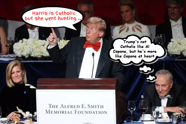 Antichrist at charity for children dinner | image tagged in clown with big red tie,maga mendacity,worse than al capone,narcssistic sociopath,zero donation,trump phony charities | made w/ Imgflip meme maker