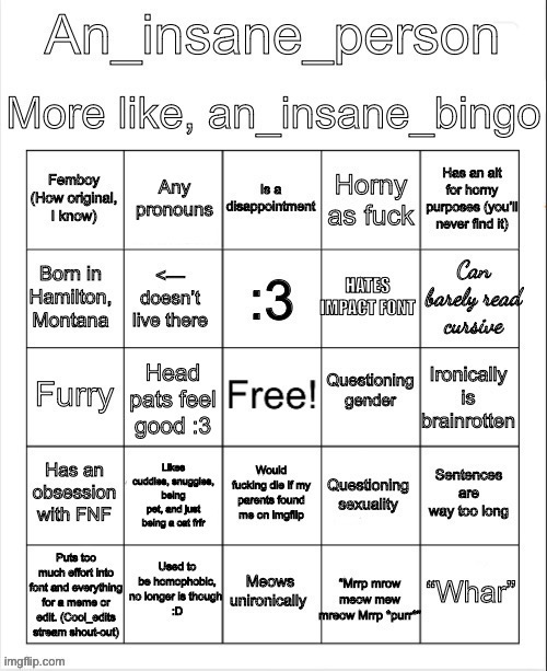 I updated my bingo a bit | image tagged in an_insane_bingo slight update | made w/ Imgflip meme maker