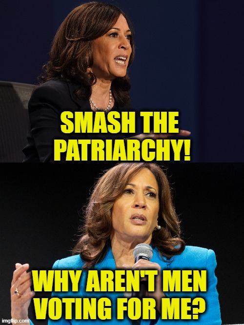 Some toxic masculinity please | SMASH THE
 PATRIARCHY! WHY AREN'T MEN
VOTING FOR ME? | image tagged in kamala harris | made w/ Imgflip meme maker