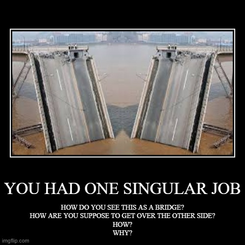 YOU HAD ONE SINGULAR JOB | HOW DO YOU SEE THIS AS A BRIDGE?
HOW ARE YOU SUPPOSE TO GET OVER THE OTHER SIDE?
HOW?
WHY? | image tagged in funny,demotivationals,you had one job,you had one job just the one,oh wow are you actually reading these tags,for real | made w/ Imgflip demotivational maker