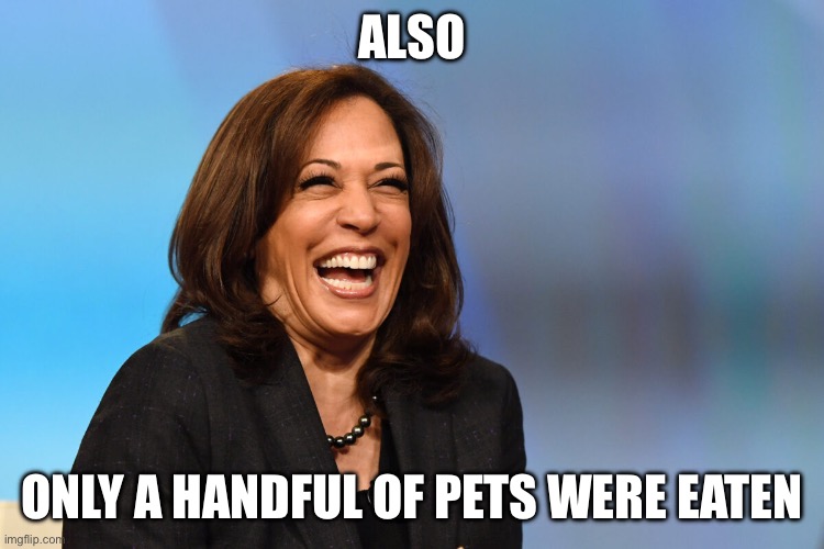 Kamala Harris laughing | ALSO ONLY A HANDFUL OF PETS WERE EATEN | image tagged in kamala harris laughing | made w/ Imgflip meme maker