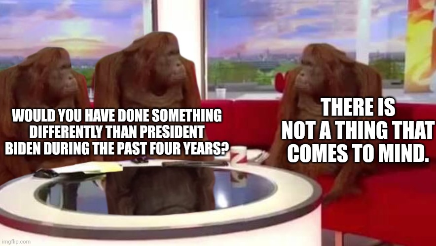 Kamala Harris Responds To Most Challenging Question Yet On The View | THERE IS NOT A THING THAT COMES TO MIND. WOULD YOU HAVE DONE SOMETHING DIFFERENTLY THAN PRESIDENT BIDEN DURING THE PAST FOUR YEARS? | image tagged in where monkey,kamala harris,the view,good question,who wants change,political meme | made w/ Imgflip meme maker