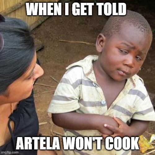 No artela skepticism | WHEN I GET TOLD; ARTELA WON'T COOK | image tagged in memes,third world skeptical kid | made w/ Imgflip meme maker