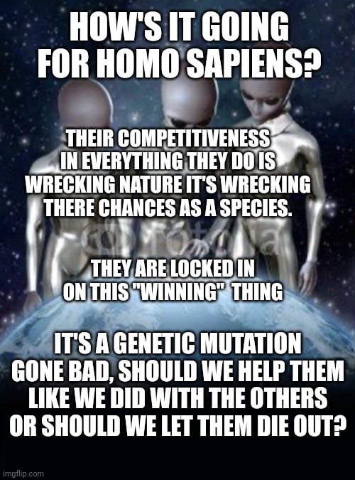 Aliens look down on earth | HOW'S IT GOING FOR HOMO SAPIENS? THEIR COMPETITIVENESS IN EVERYTHING THEY DO IS WRECKING NATURE IT'S WRECKING THERE CHANCES AS A SPECIES. THEY ARE LOCKED IN ON THIS "WINNING"  THING; IT'S A GENETIC MUTATION GONE BAD, SHOULD WE HELP THEM LIKE WE DID WITH THE OTHERS OR SHOULD WE LET THEM DIE OUT? | image tagged in aliens look down on earth | made w/ Imgflip meme maker