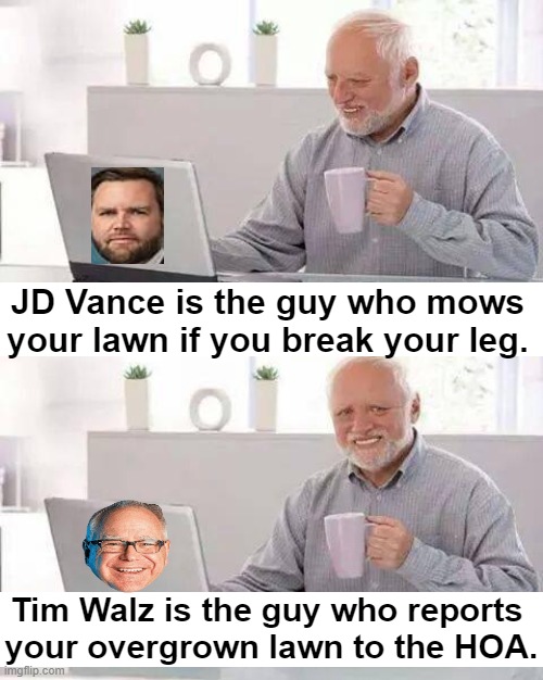 In a Nutshell | JD Vance is the guy who mows 
your lawn if you break your leg. Tim Walz is the guy who reports 
your overgrown lawn to the HOA. | image tagged in jd vance,tim walz,two very different men,in a nutshell,political humor,vice president | made w/ Imgflip meme maker